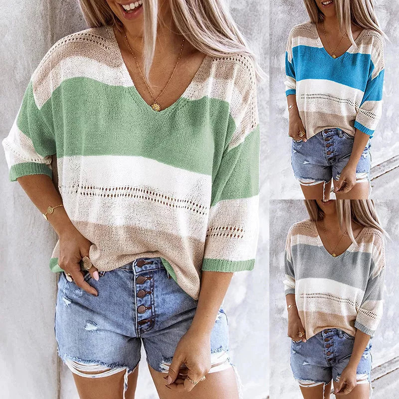 Women's Beach Knitted Top in grey, blue, and green with Ice Song fabric for summer comfort