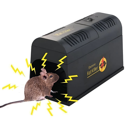 Black electronic rodent repeller with high voltage trigger, compact rectangular design with electrical plug