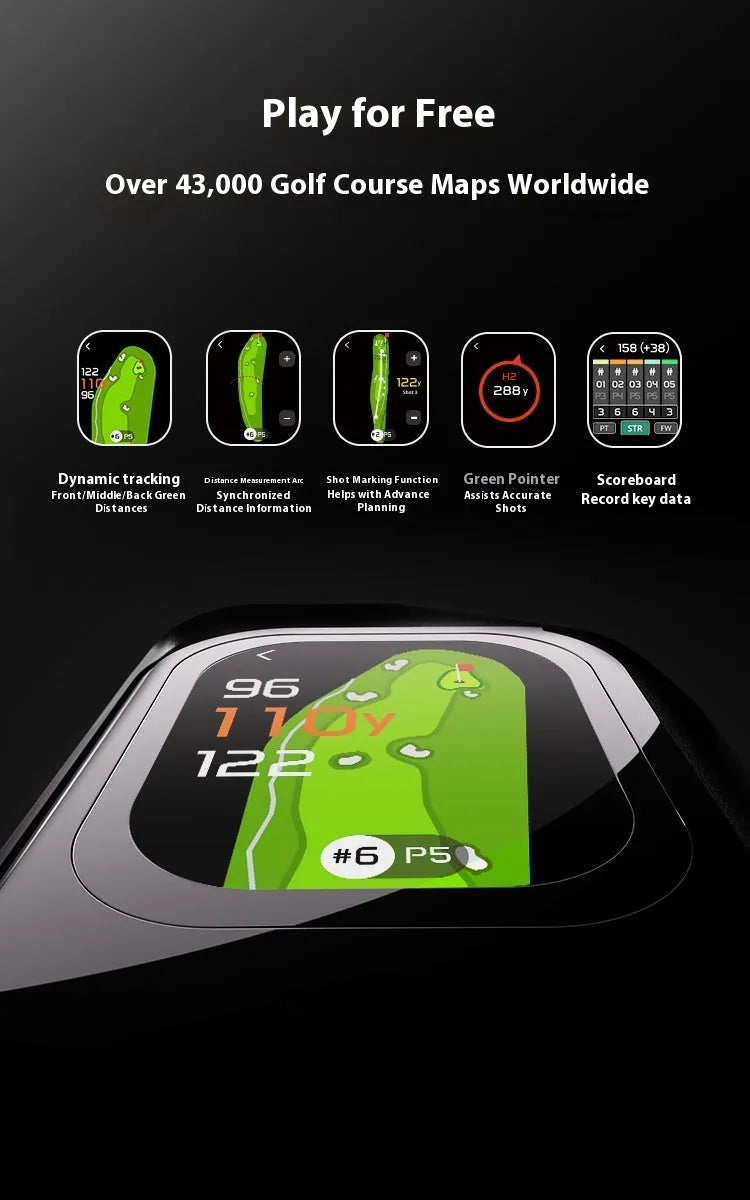Black GenePro G1 GPS golf rangefinder showing its AMOLED touchscreen, held in hand.