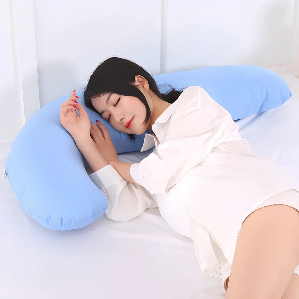 Blue J-shaped maternity pillow measuring 165cm with removable cotton cover for pregnancy support