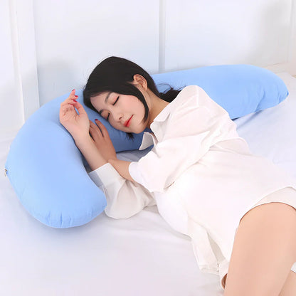 Blue J-shaped maternity pillow measuring 165cm with removable cotton cover for pregnancy support
