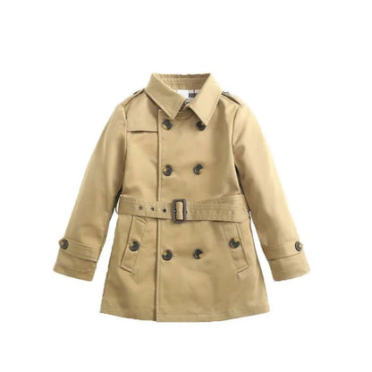 British style children's cotton jacket in khaki with long sleeves and detachable belt, sizes 100-140cm
