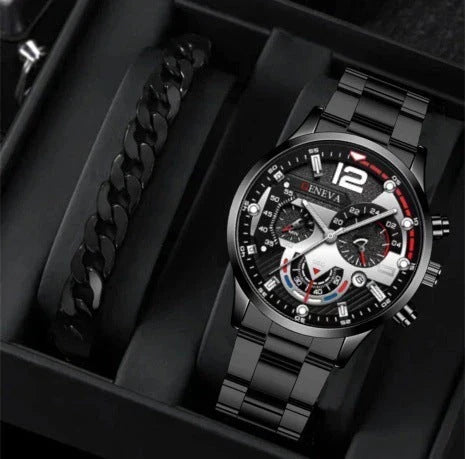Men's stainless steel watch and coordinating bracelet set in various color options