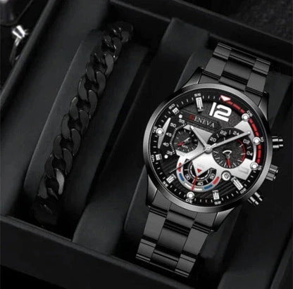 Men's stainless steel watch and coordinating bracelet set in various color options