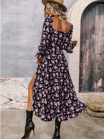 Charming floral long sleeve dress with square neckline and side slit for stylish women