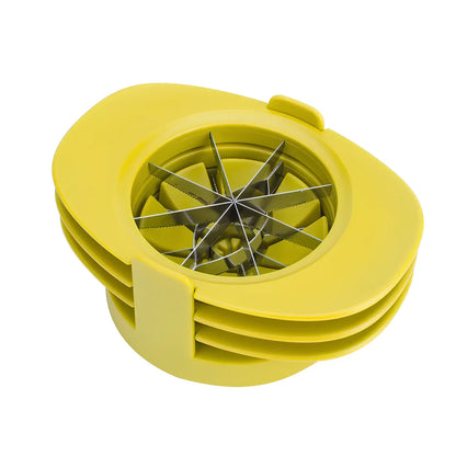 Green three-function fruit slicer for apples, tomatoes, and mangoes measuring 18.3cm