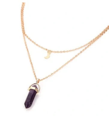 Stylish double moon natural stone pendant necklace with adjustable chain, available in multiple colors.