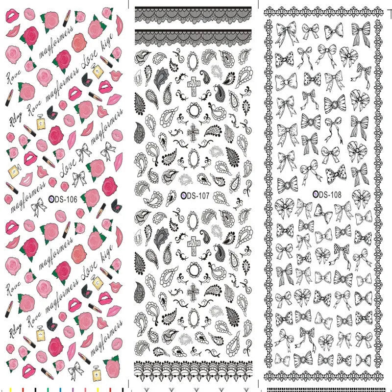 Watermark nail sticker decal sheet with transparent scratch-resistant film and colour options DS103 to DS125.