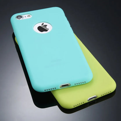Soft silicon TPU iPhone case in candy colours like pink and navy blue, showing slim 0.5cm thickness and full coverage for back and sides.