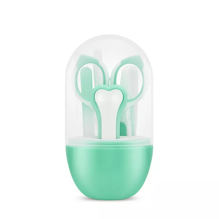 Five-piece child safety nail clippers with ergonomic grip in green, purple, and pink