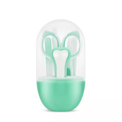 Five-piece child safety nail clippers with ergonomic grip in green, purple, and pink