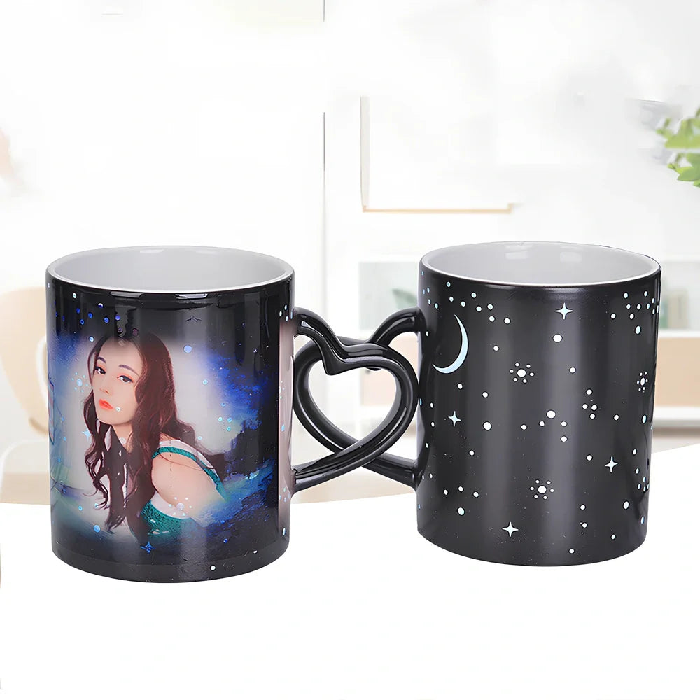 Ceramic colour change mug showing before and after transformation with hot liquid