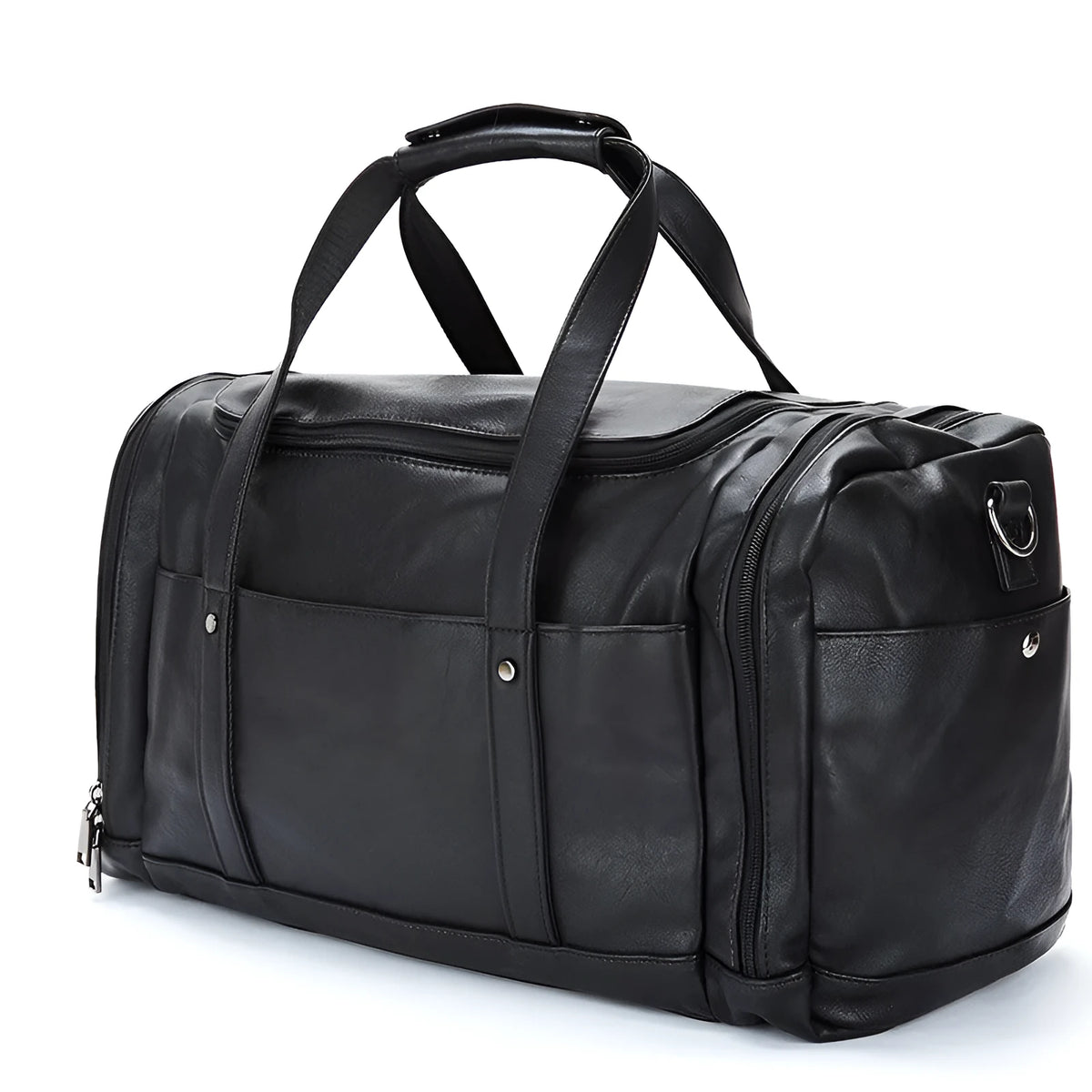Black PU men's travel bag, 50cm wide and 26cm high, with phone, cigarette, and hidden zipper bags