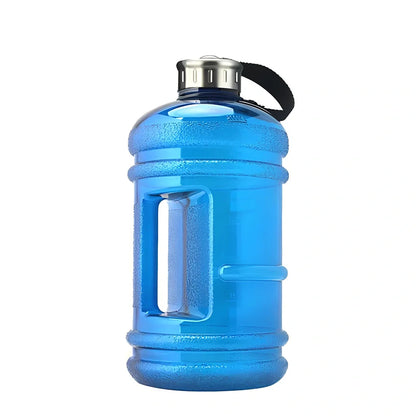 2-litre sports bottle in navy blue with white lid and ribbon connection, showing 13cm diameter and 27cm height dimensions