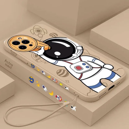Cartoon astronaut design silicone phone case for iPhone on a black, khaki, or sea blue background.