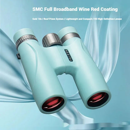 Blue 10x32 binoculars with wine red film imaging showing compact plastic construction