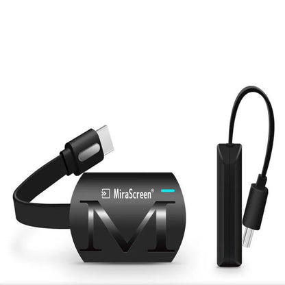 Black USB HD TV screen mirroring dongle with HDMI connector for 1080p smartphone streaming.