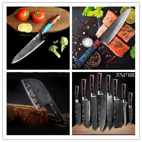 Kitchen knife set with 8 blades including chef knife and meat cutter plus separate Damascus and high carbon steel chef knives