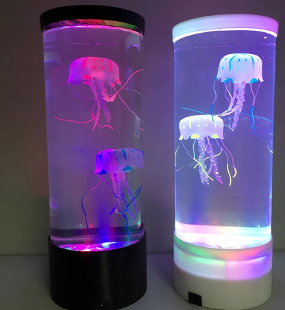 LED jellyfish aquarium lamp showing volcanic bubble effect with colour-changing lighting in black finish