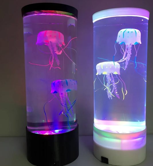LED jellyfish aquarium lamp showing volcanic bubble effect with colour-changing lighting in black finish