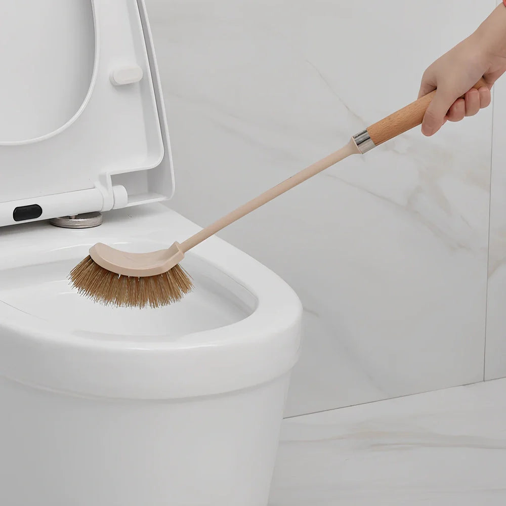 Wooden toilet brush with 360 degree bristles and natural beech handle for bathroom cleaning