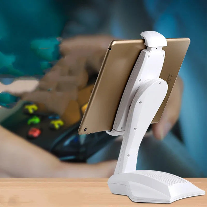 White universal tablet stand with adjustable metal clip for 7-15 inch devices