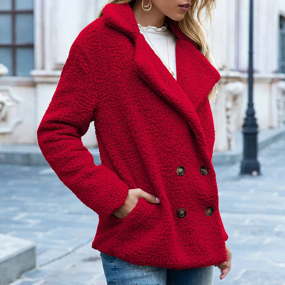 Women's fluffy polyester winter coat with loose lapel collar, shown in a choice of twelve colours.