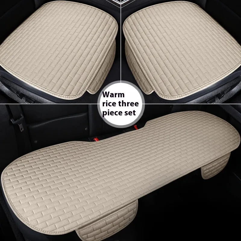 Linen car seat cushion three-piece protective pad with ventilation and sponge filler in black, black and red, grey, brown, or beige