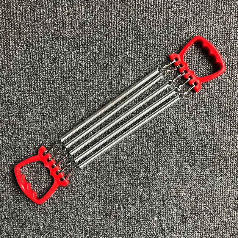 Chest expander training equipment with carbon spring and ABS plastic, shown in blue, green, and red colour options