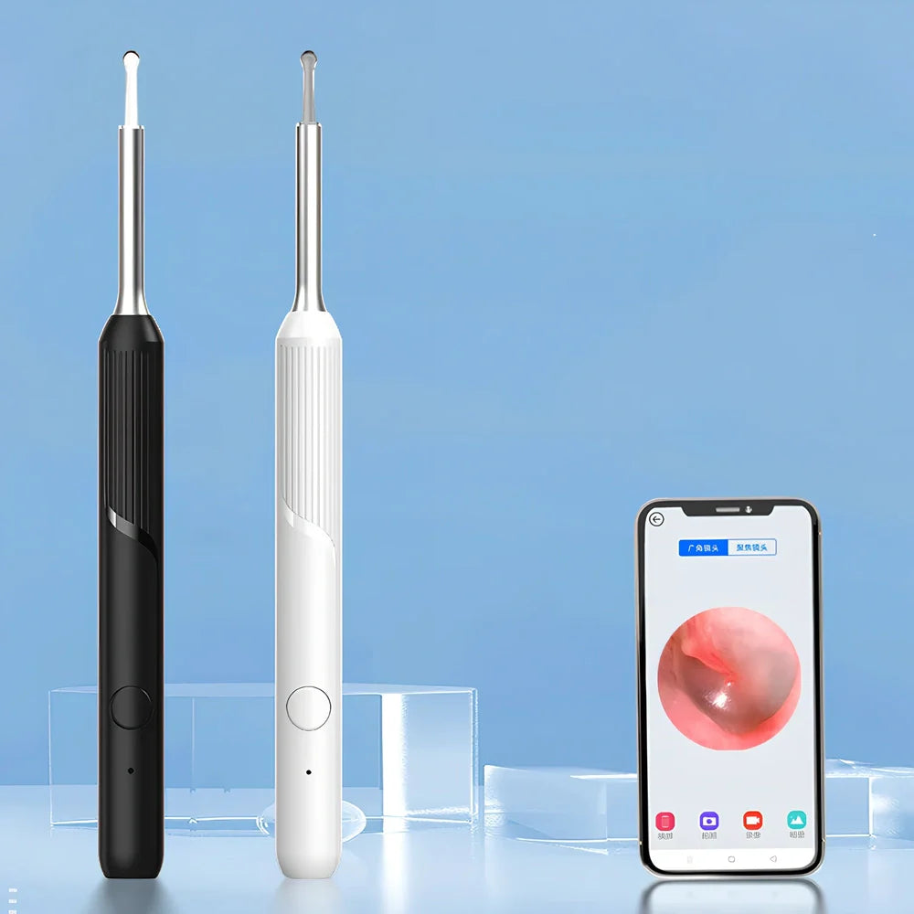 Visual ear cleaning device with camera, ear scoop attachments, and charging cable on white background
