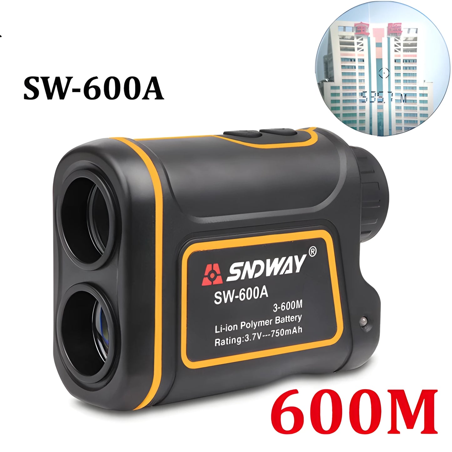 Outdoor handheld golf rangefinder with 1500m range, compact design, and display showing distance measurement