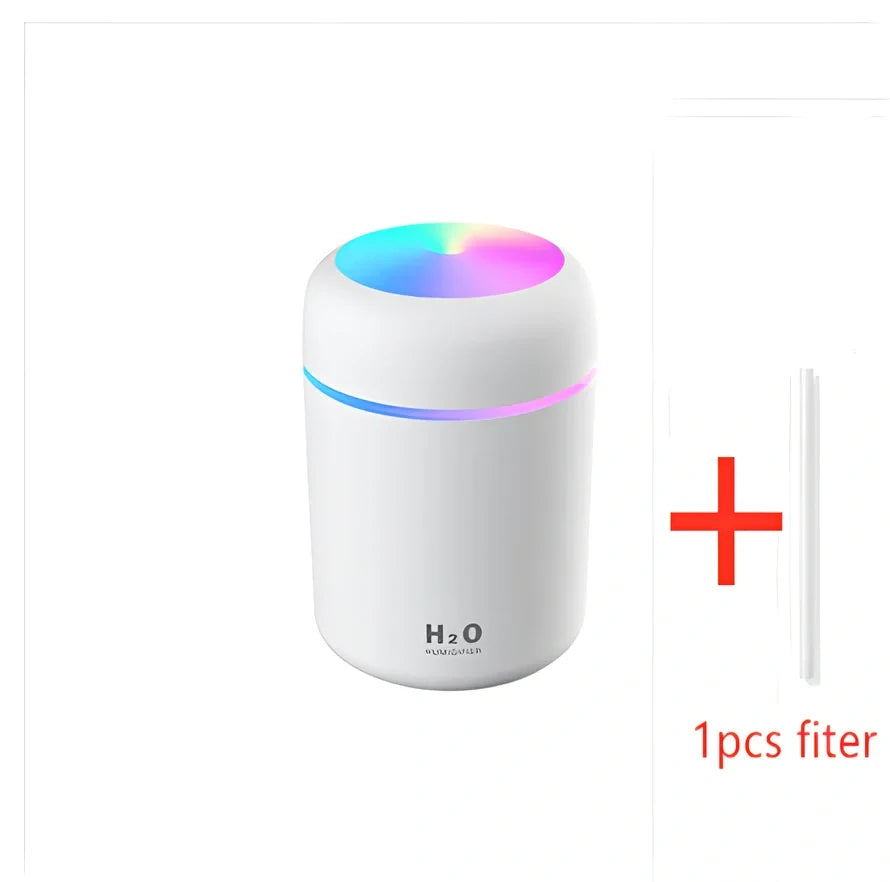 Compact USB car humidifier with colourful LED light and 300ml water tank for vehicle use