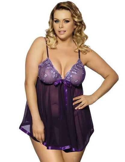 Women's purple lace lingerie sling dress with mesh panels in plus size