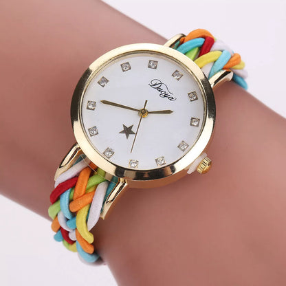 Multicolor woven ladies watch with quartz movement and durable fabric strap