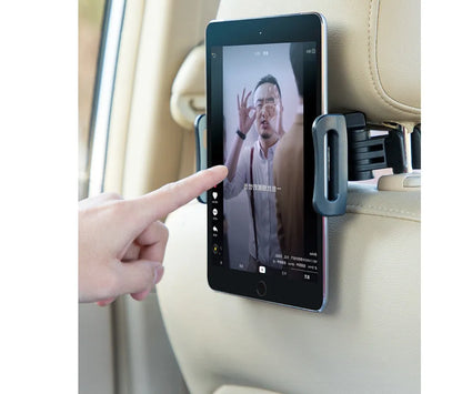 Black car tablet holder mounted on vehicle rear seat base holding iPad
