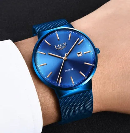 Men's stainless steel wristwatch with 40mm dial showing black, blue, or two-tone colour options