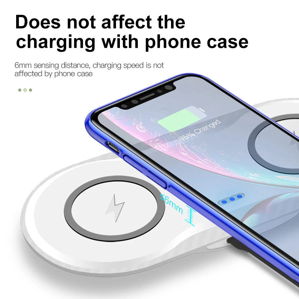 Dual wireless charger for mobile phones in black and white with intelligent temperature control