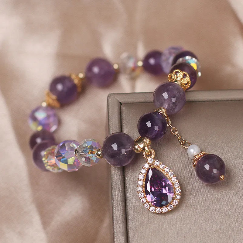 Purple natural amethyst crystal bracelet for women with micro inlay setting.