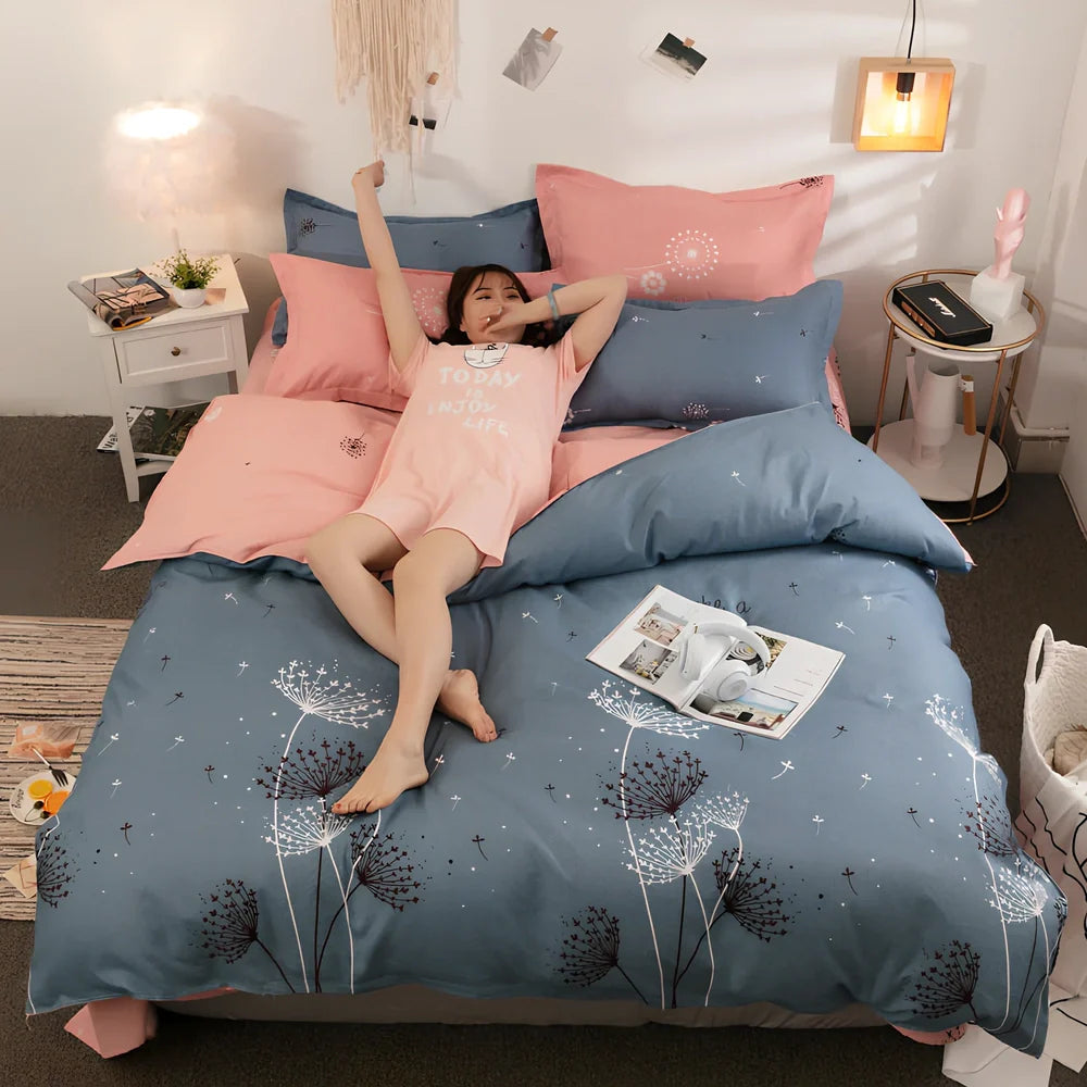 Cashmere cotton bedding set with reactive printed floral pattern in twill weave construction