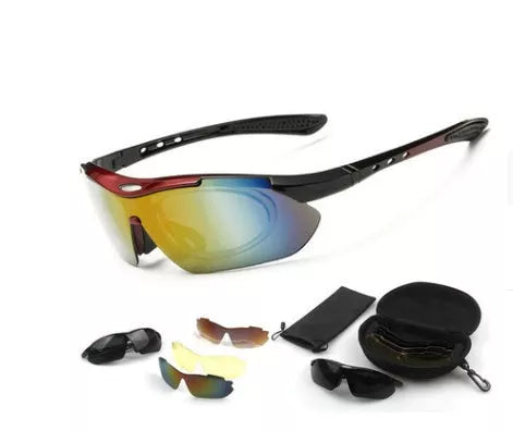 Cycling glasses with polarized lenses in black, red, blue, and white options