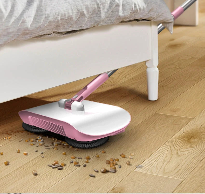 3-in-1 hand push sweeper with broom, dustpan, and trash bin in pink and blue colors