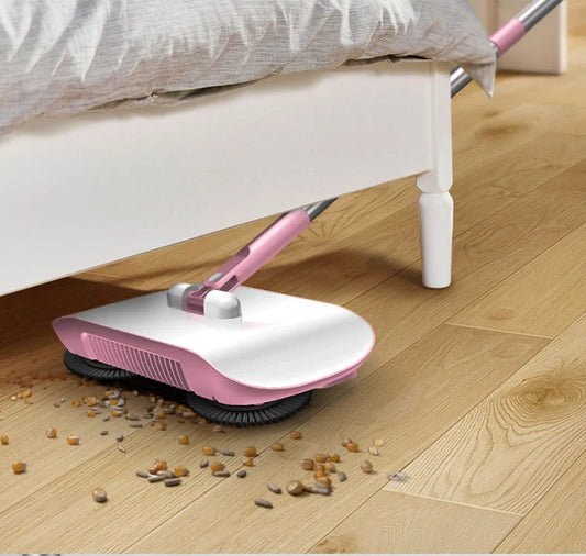 3-in-1 hand push sweeper with broom, dustpan, and trash bin in pink and blue colors