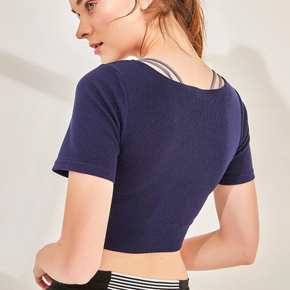 Cotton sports running yoga clothes set in navy blue, smoke pink or water green, sizes L M S