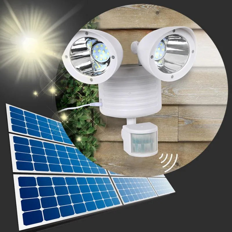 Dual head solar security spotlight with motion sensor activation for outdoor illumination, featuring IP55 waterproof rating and adjustable brightness from 5 to 20 lumens with a 2 to 5 metre detection range and 120° sensing angle