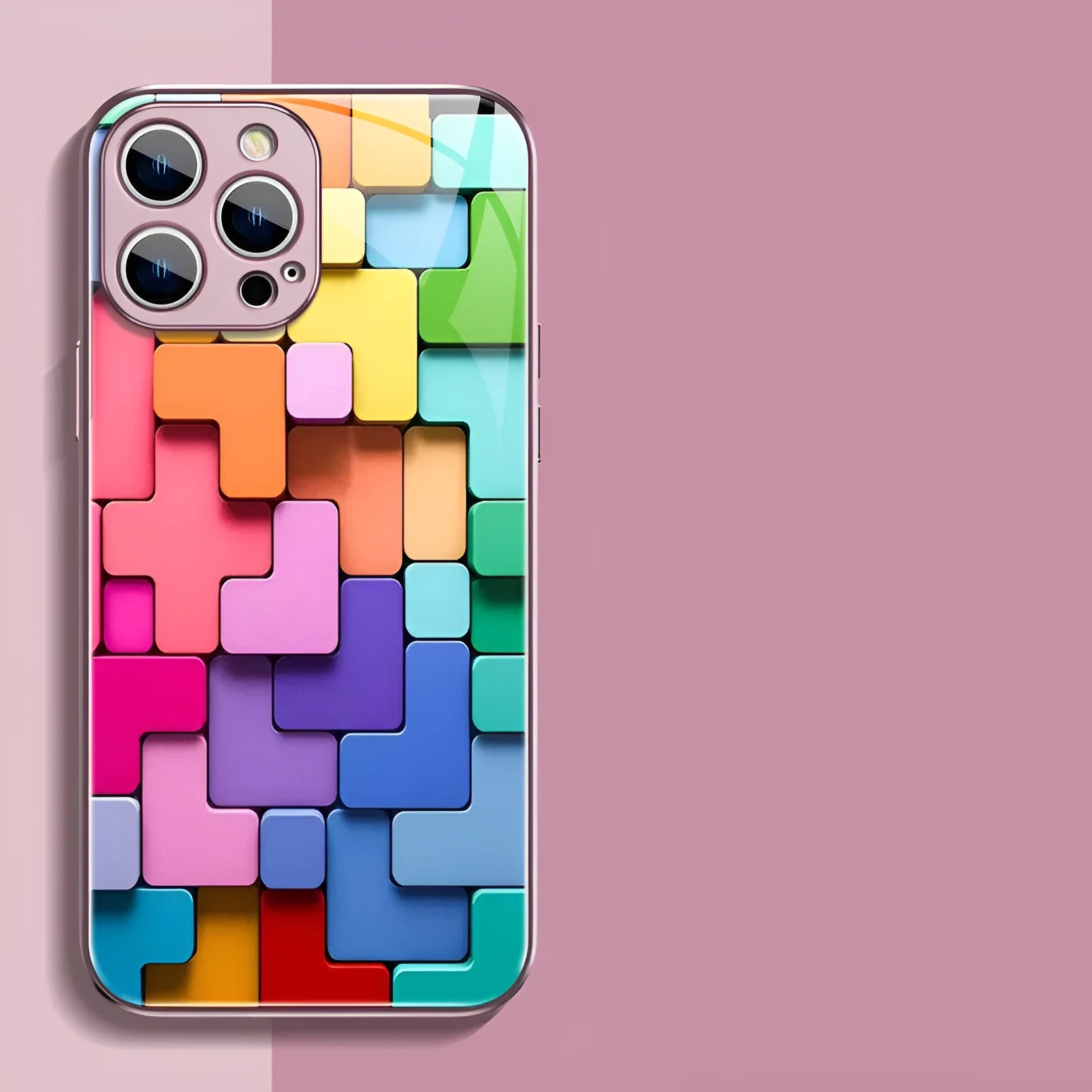 Colourful geometric building block pattern silicone back cover for iPhone, shown in glossy finish.
