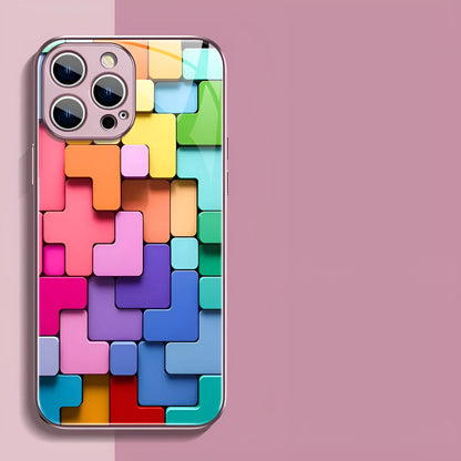 Colourful geometric building block pattern silicone back cover for iPhone, shown in glossy finish.
