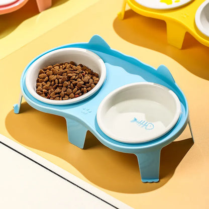 Ceramic cat bowl set with elevated stand in blue, pink, white, or yellow