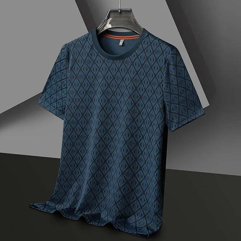 Men's black loose fit short sleeve t-shirt with round neck in ice silk jacquard fabric