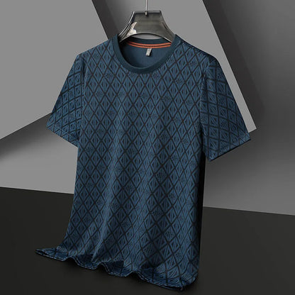 Men's black loose fit short sleeve t-shirt with round neck in ice silk jacquard fabric