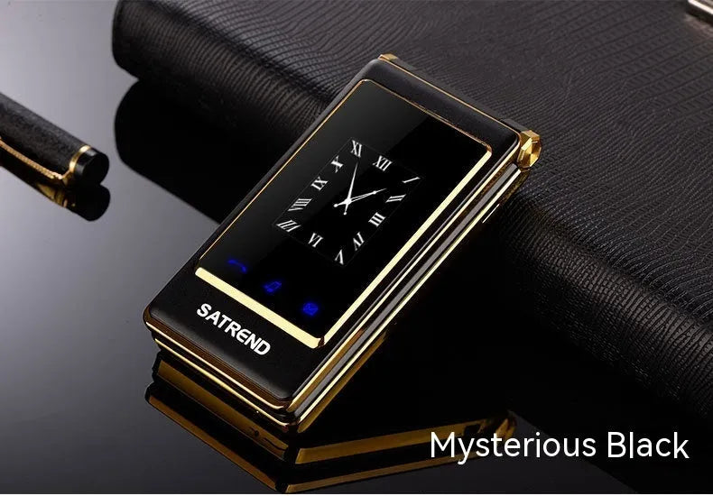Black dual screen flip senior mobile phone showing internal touch display and external smaller screen